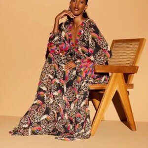 Farm Rio Leopard Toucans Maxi Dress Bohemian Style Ruffle Sleeves Size Medium